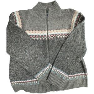 Woolrich Fair Isle Lambs Wool Sweater Brown Full Zip Cardigan Size Medium Petite